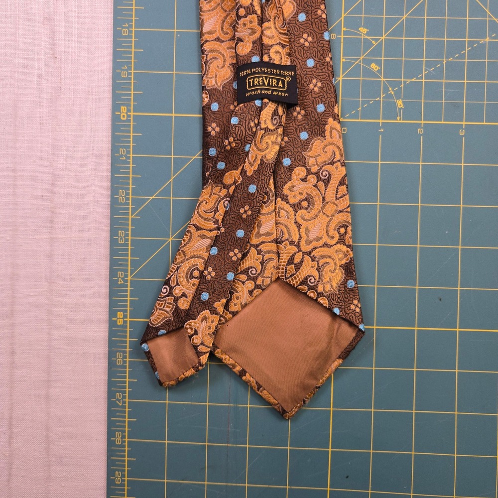 VTG Trevira Necktie 4in 1970s Mens Brown Orange Paisley Blue Dot 54in EUC Cravat